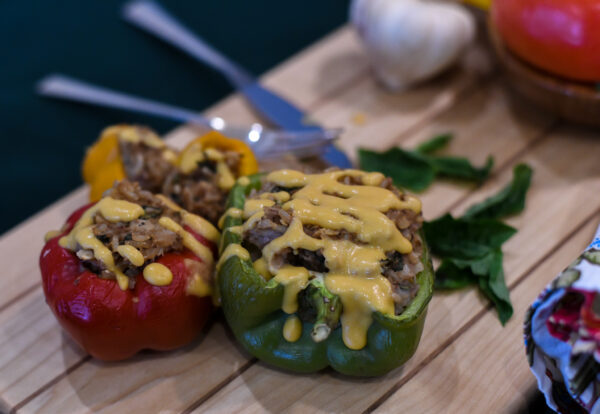 Stuffed peppers with vegan queso sauce
